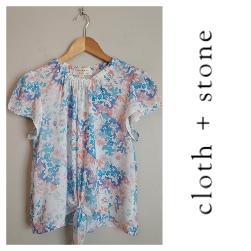Cloth & Stone White Floral Cap Sleeve Blouse Top Medium Tie Front